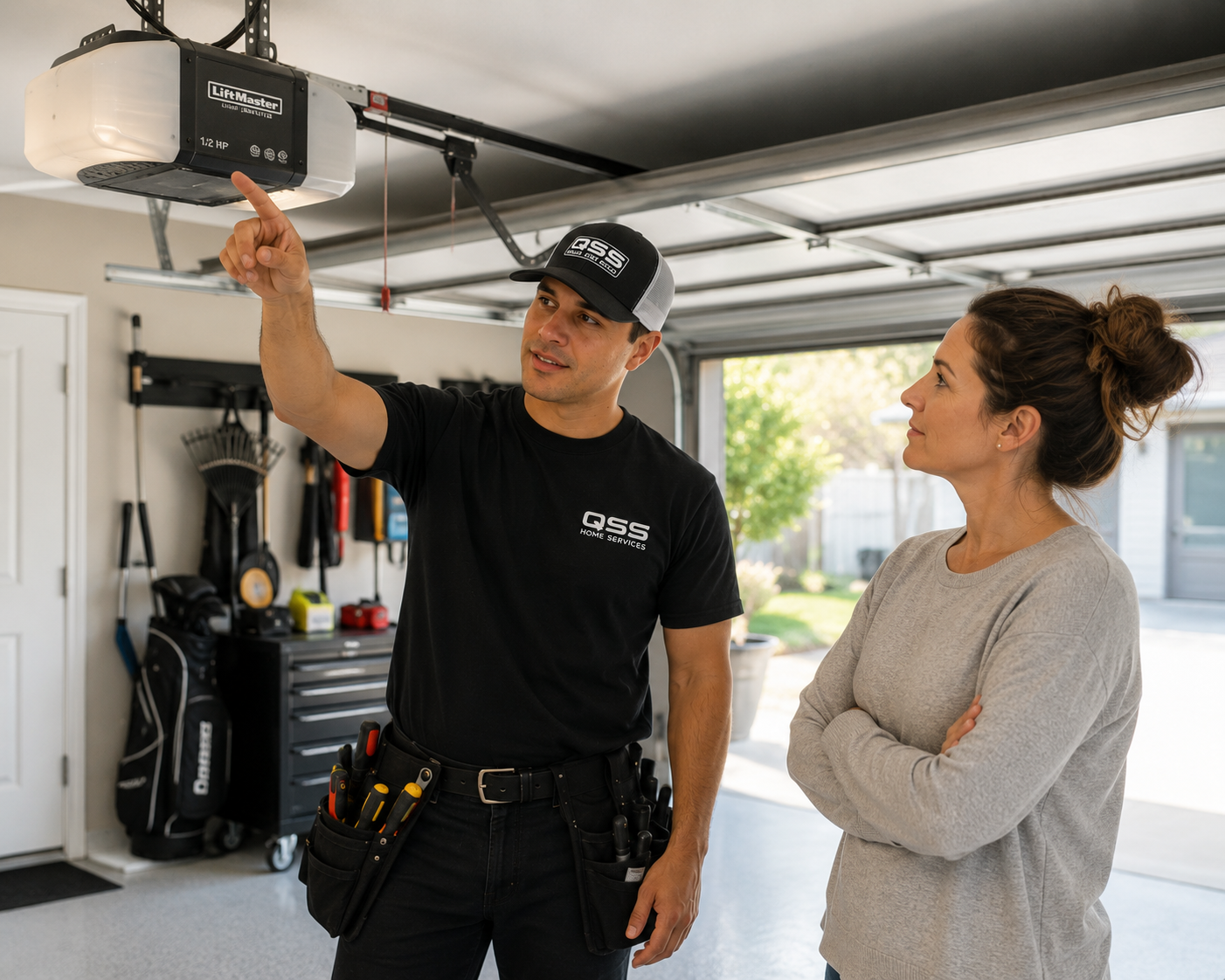 QSS technician discussing garage door opener maintenance with a homeowner