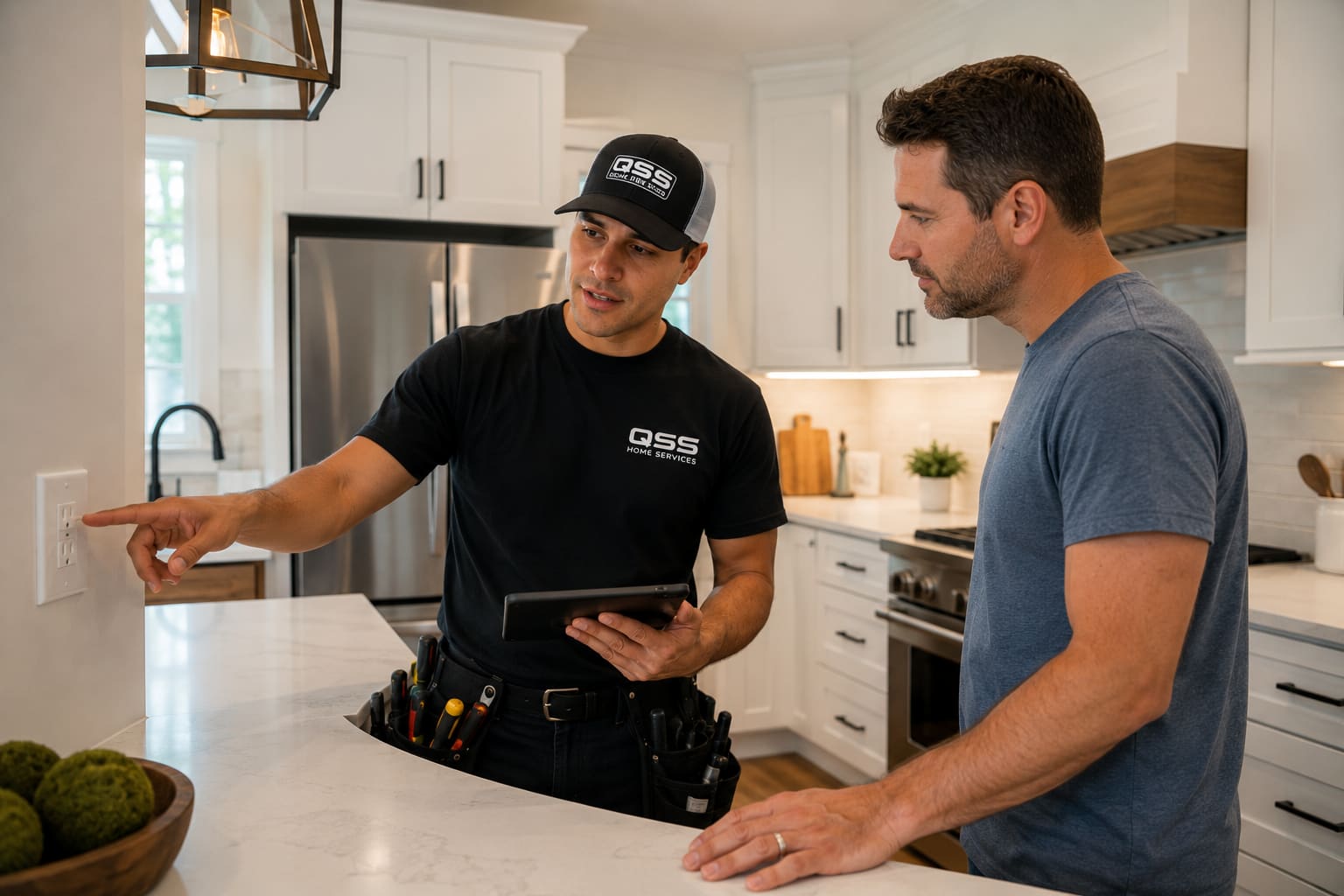 QSS Home Services technician helping a homeowner with kitchen appliance and electrical service